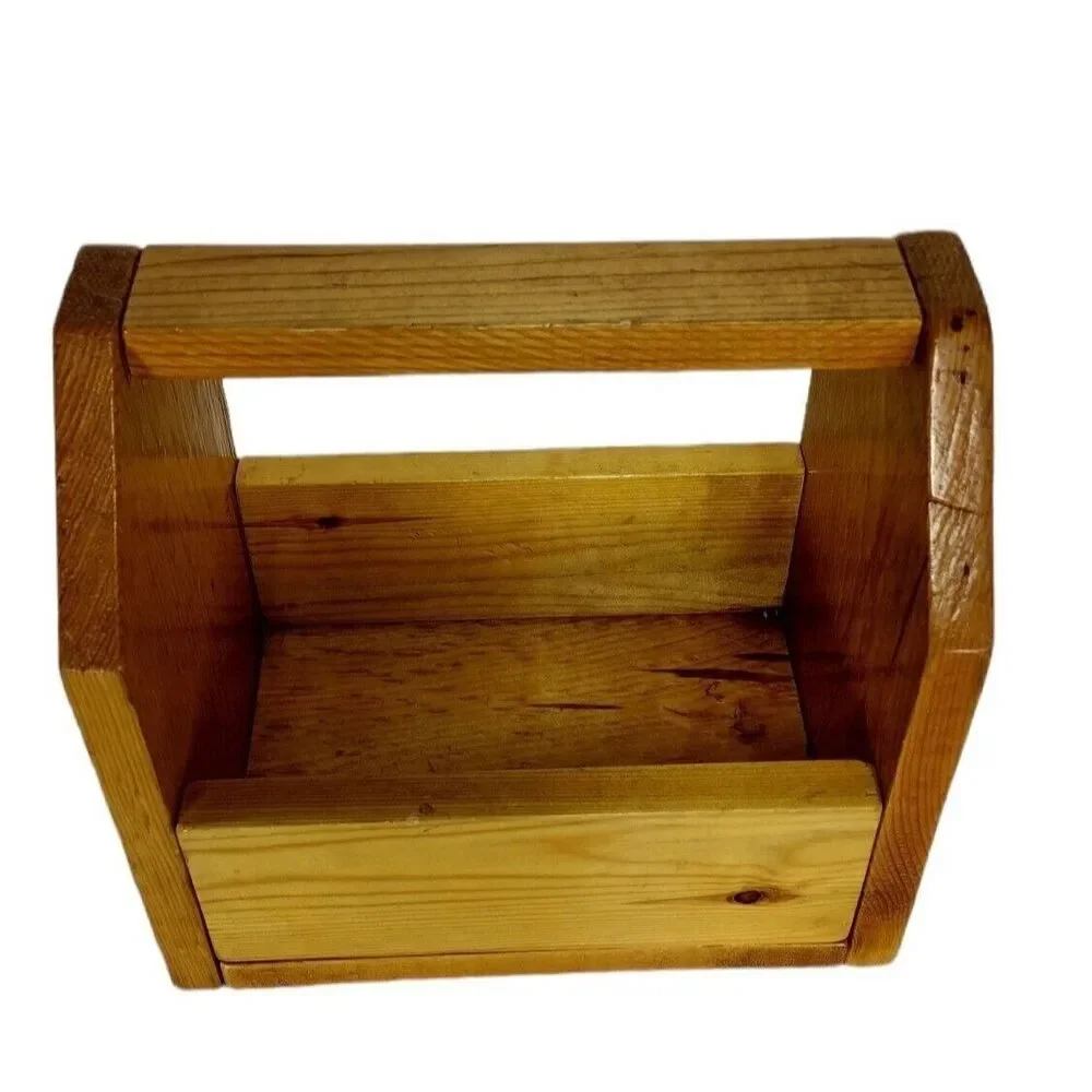Vintage Wood Top Handle Open Tool Caddy Tote Carry Storage Shoeshine Box